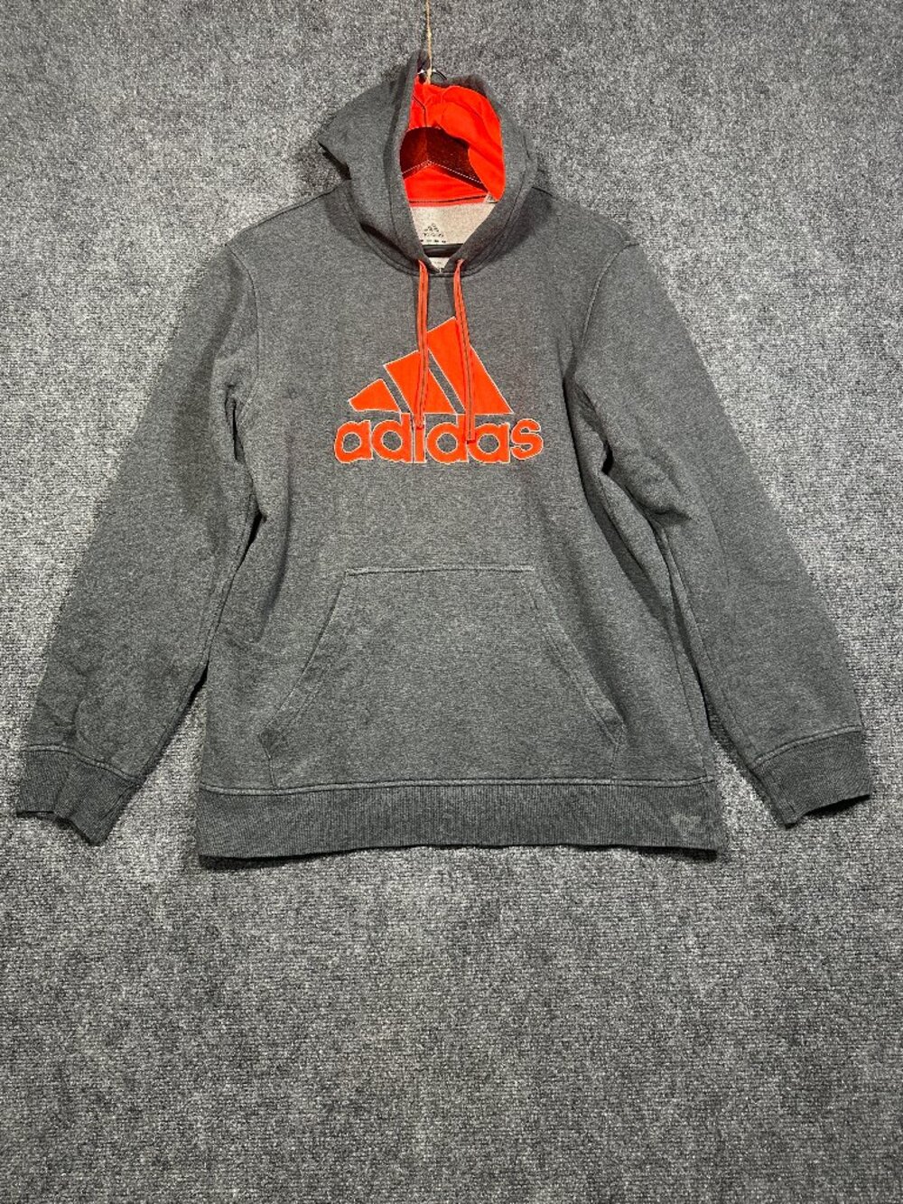 Adidas Hoodie Mens Medium Gray Orange Logo Kangaroo Pocket Hood Tie Pullover